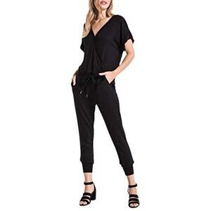 Z Supply Wrap Front Jumpsuit Size XS Jogger Style Short Sleeve Black Rayon Blend
